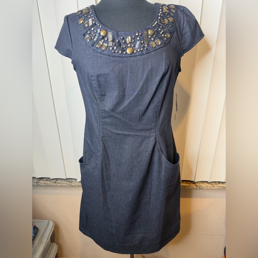 Sandra Darren Dress Shift Denim Bedazzled Beaded Short Sleeve New Size 10 NEW
